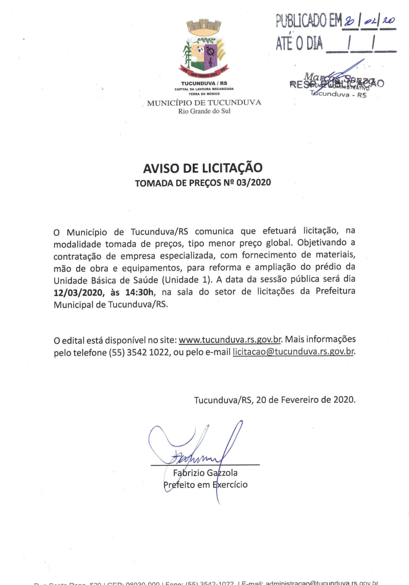 AVISO DE TMP Nº 03/2020 REFORMA E AMPLIAÇÃO UBS 1